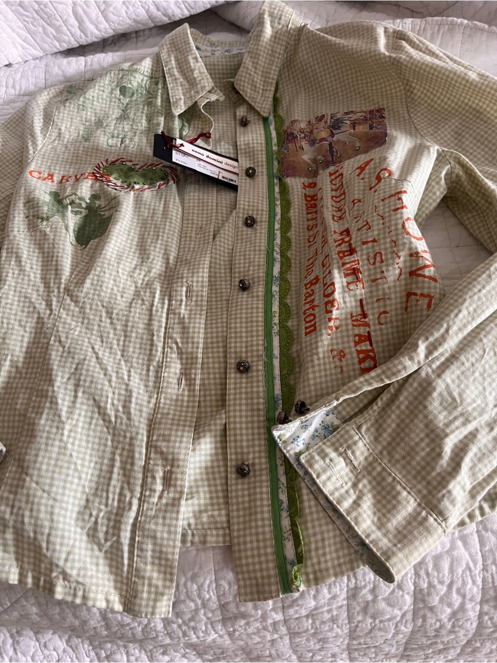 Anno Domino Design by Christine Weber NWT Green Gingham Embellished Button Shirt